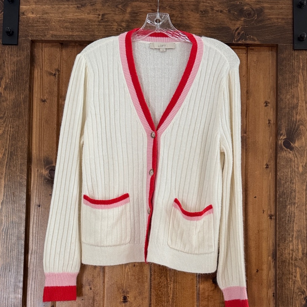 LOFT Cream Ribbed Cardigan with Pink and Red Trim Accents